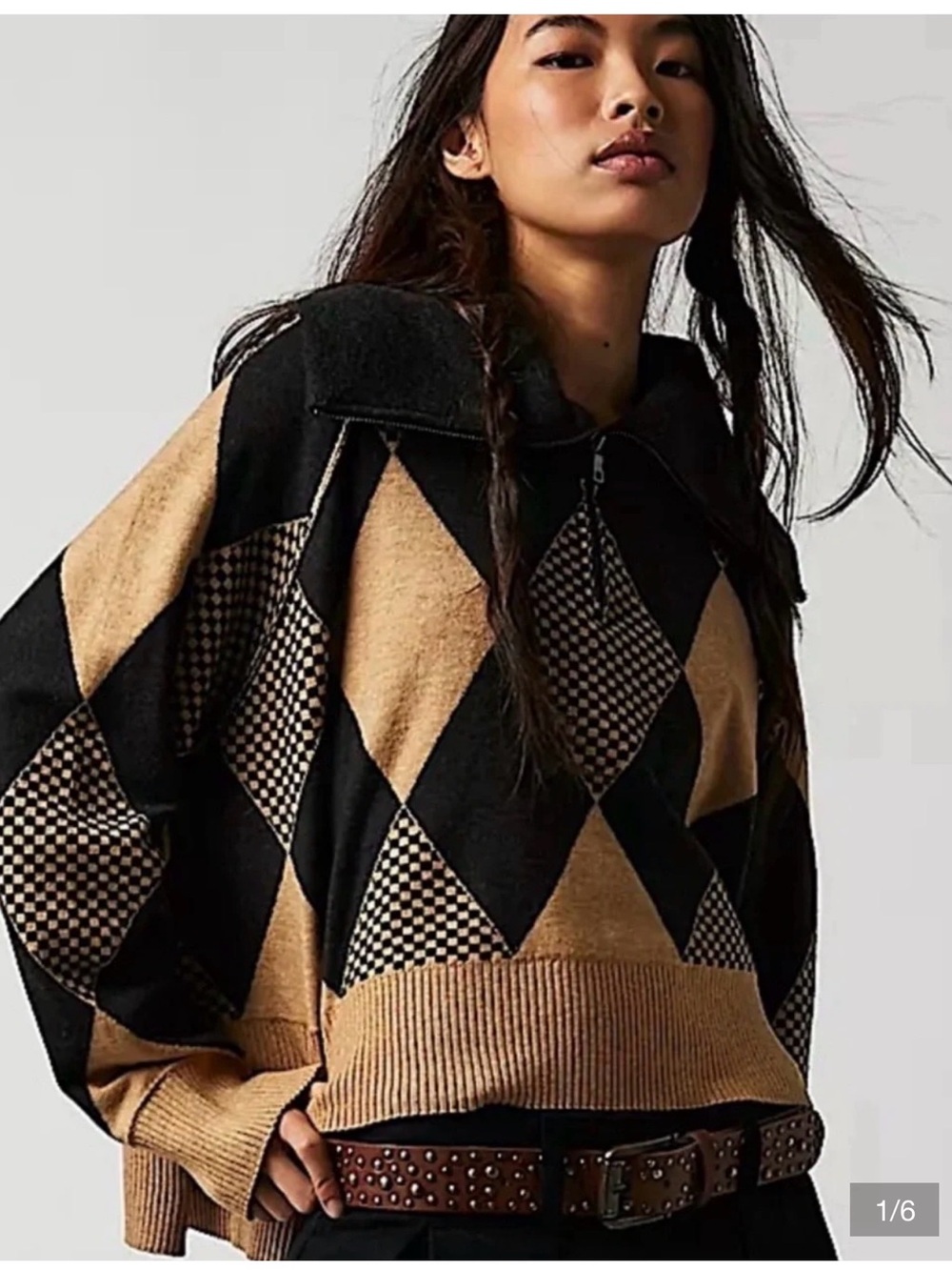 Free People Lucy charcoal & Camel Argyle Zip-Front Turtleneck Sweater XS